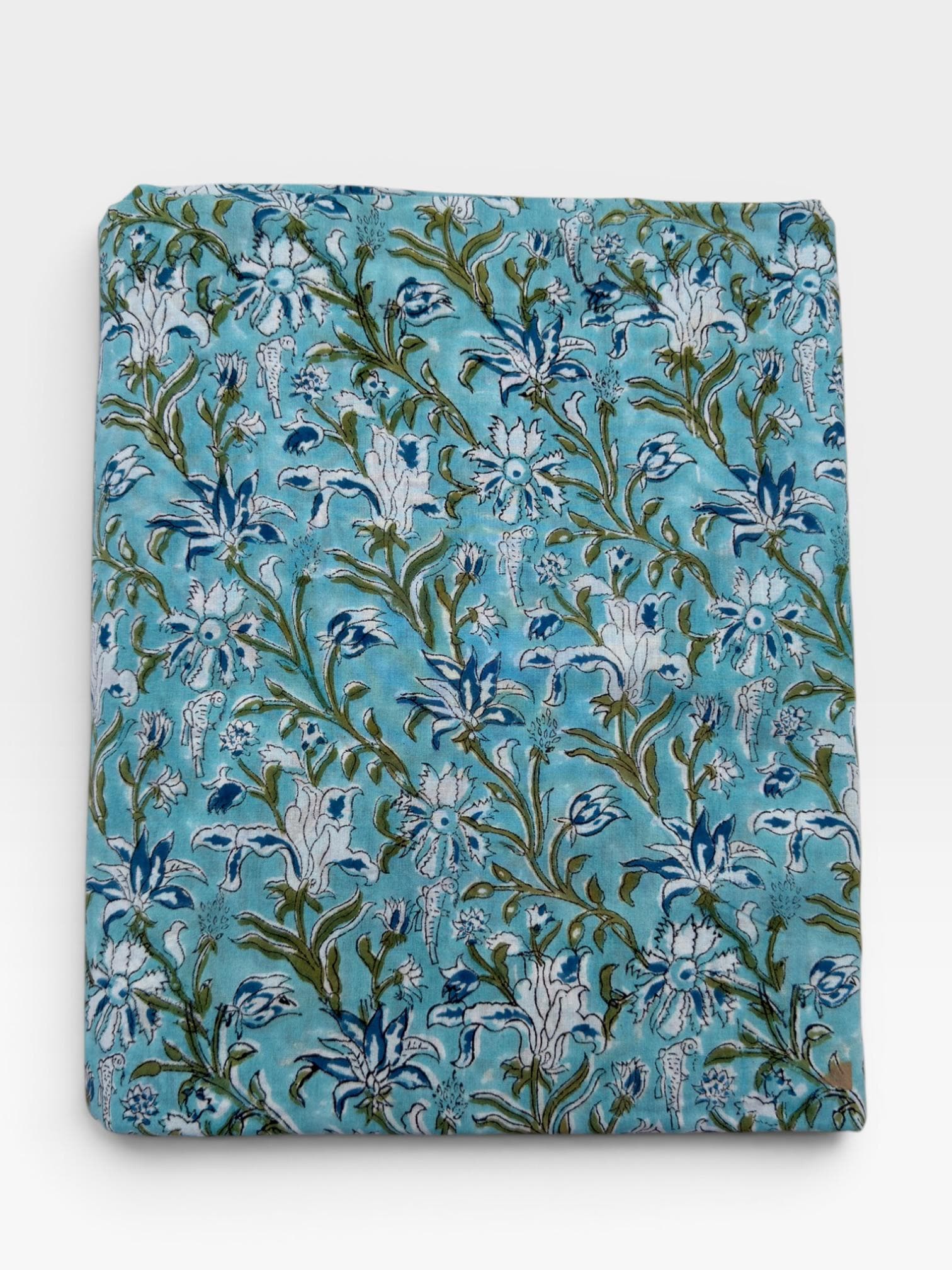 Turquoise Blue Floral Hand Block Print Cotton Fabric by Yard | Indian Aqua Boho Fabric | Soft Lightweight Sewing Fabric | Dressmaking