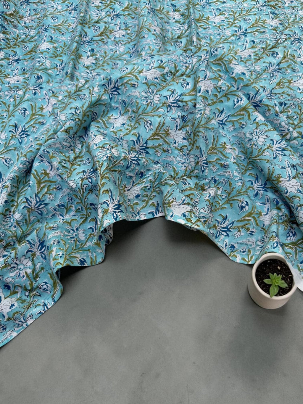 Turquoise Blue Floral Hand Block Print Cotton Fabric by Yard | Indian Aqua Boho Fabric | Soft Lightweight Sewing Fabric | Dressmaking