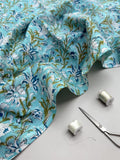 Turquoise Blue Floral Hand Block Print Cotton Fabric by Yard | Indian Aqua Boho Fabric | Soft Lightweight Sewing Fabric | Dressmaking
