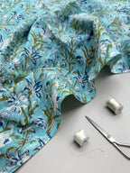 Turquoise Blue Floral Hand Block Print Cotton Fabric by Yard | Indian Aqua Boho Fabric | Soft Lightweight Sewing Fabric | Dressmaking