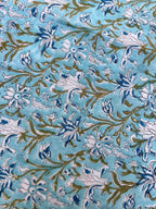 Turquoise Blue Floral Hand Block Print Cotton Fabric by Yard | Indian Aqua Boho Fabric | Soft Lightweight Sewing Fabric | Dressmaking