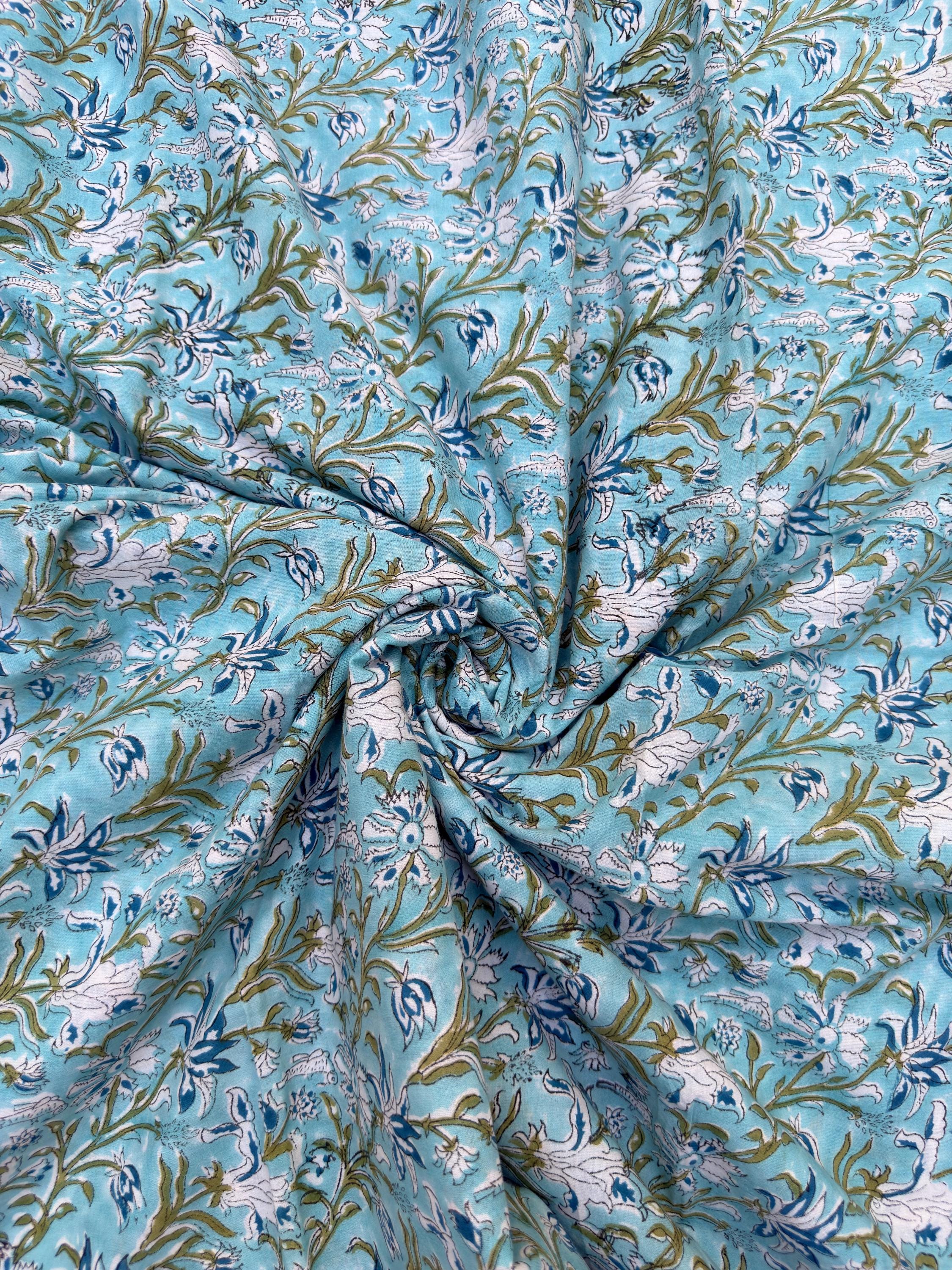 Turquoise Blue Floral Hand Block Print Cotton Fabric by Yard | Indian Aqua Boho Fabric | Soft Lightweight Sewing Fabric | Dressmaking