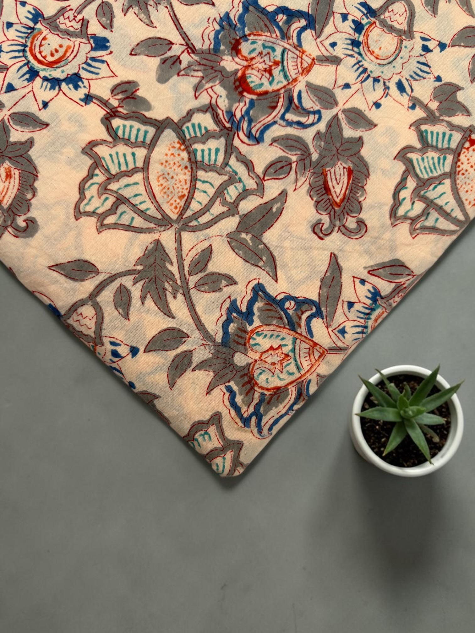 Beige Floral Hand Block Print Cotton Fabric by Yard | Vintage Boho Indian Fabric | Cream Base Blue Rust Grey Floral Textile | Soft Sewing