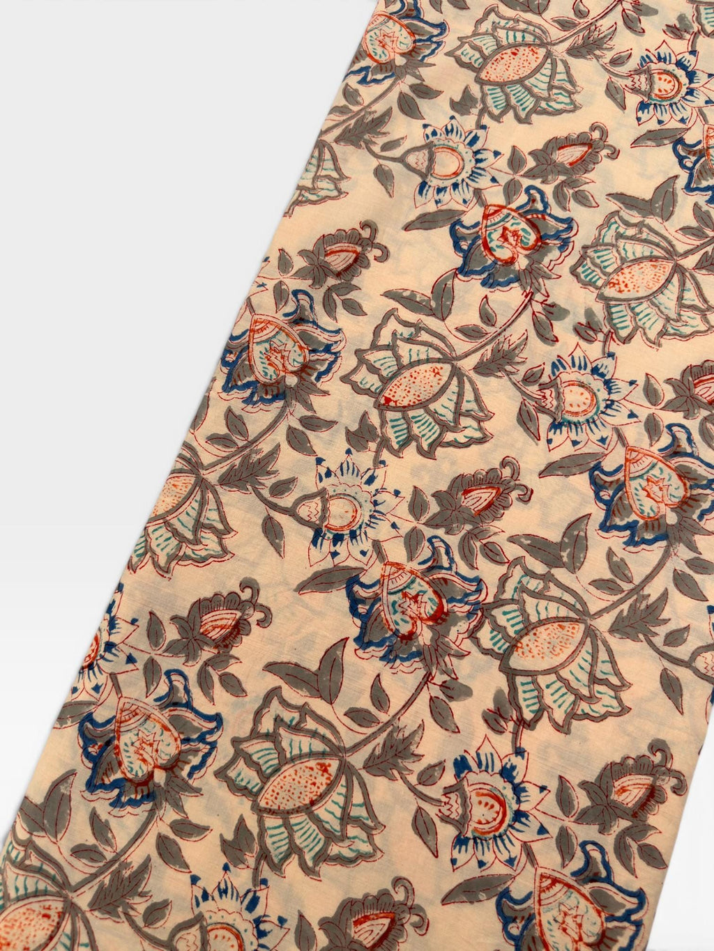 Beige Floral Hand Block Print Cotton Fabric by Yard | Vintage Boho Indian Fabric | Cream Base Blue Rust Grey Floral Textile | Soft Sewing