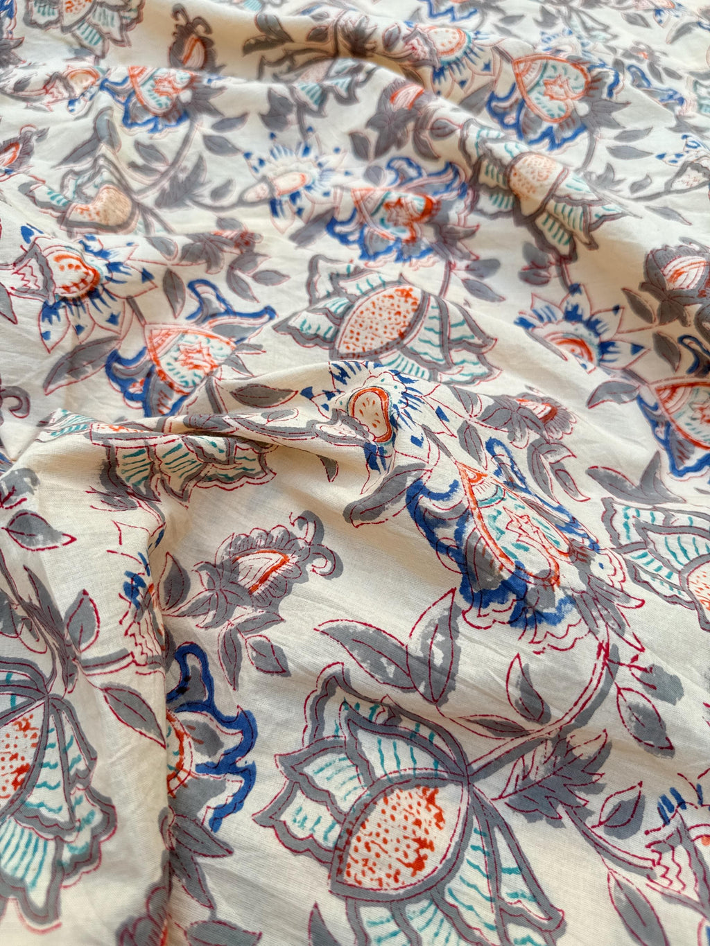 Beige Floral Hand Block Print Cotton Fabric by Yard | Vintage Boho Indian Fabric | Cream Base Blue Rust Grey Floral Textile | Soft Sewing