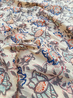 Beige Floral Hand Block Print Cotton Fabric by Yard | Vintage Boho Indian Fabric | Cream Base Blue Rust Grey Floral Textile | Soft Sewing