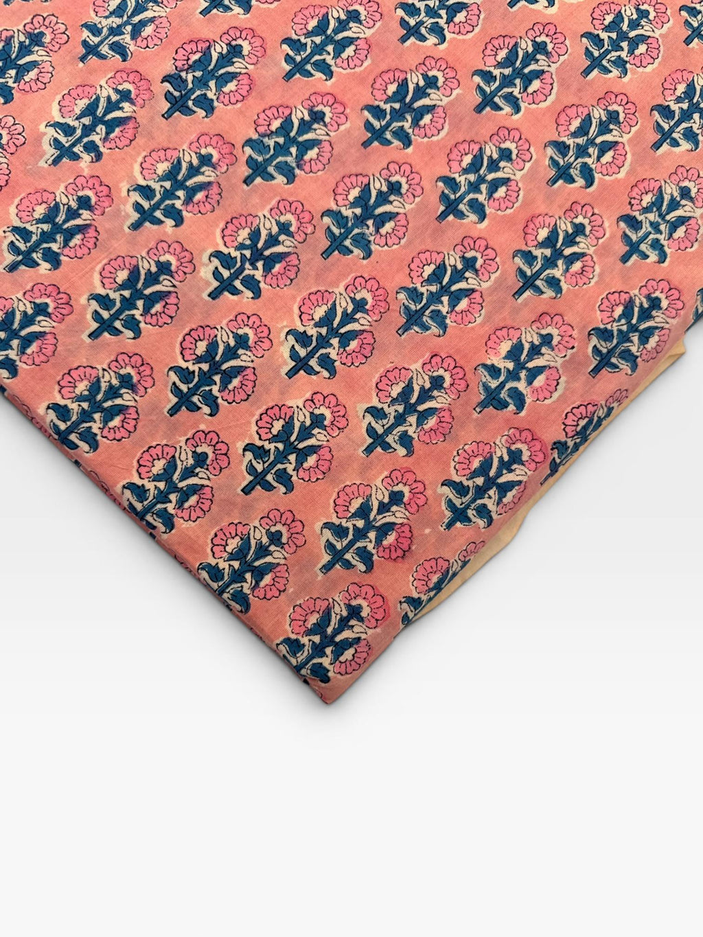 Peach Pink Floral Hand Block Print Cotton Fabric by Yard | Indian Boho Fabric | Blue and Rose Motif Soft Cotton | Dressmaking & Craft Fabric