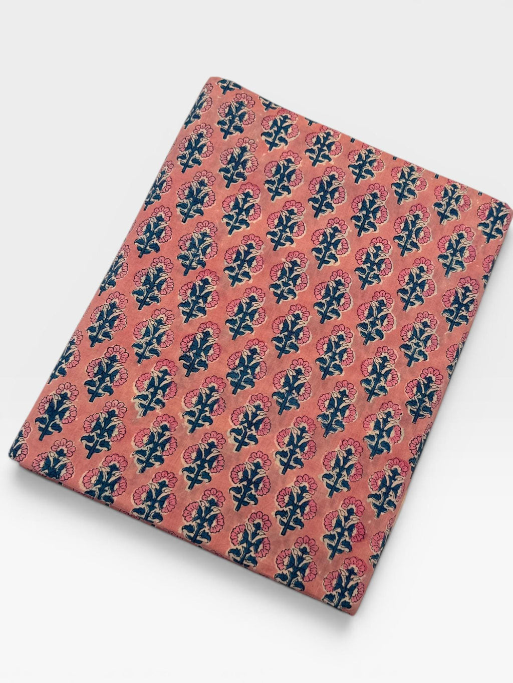 Peach Pink Floral Hand Block Print Cotton Fabric by Yard | Indian Boho Fabric | Blue and Rose Motif Soft Cotton | Dressmaking & Craft Fabric