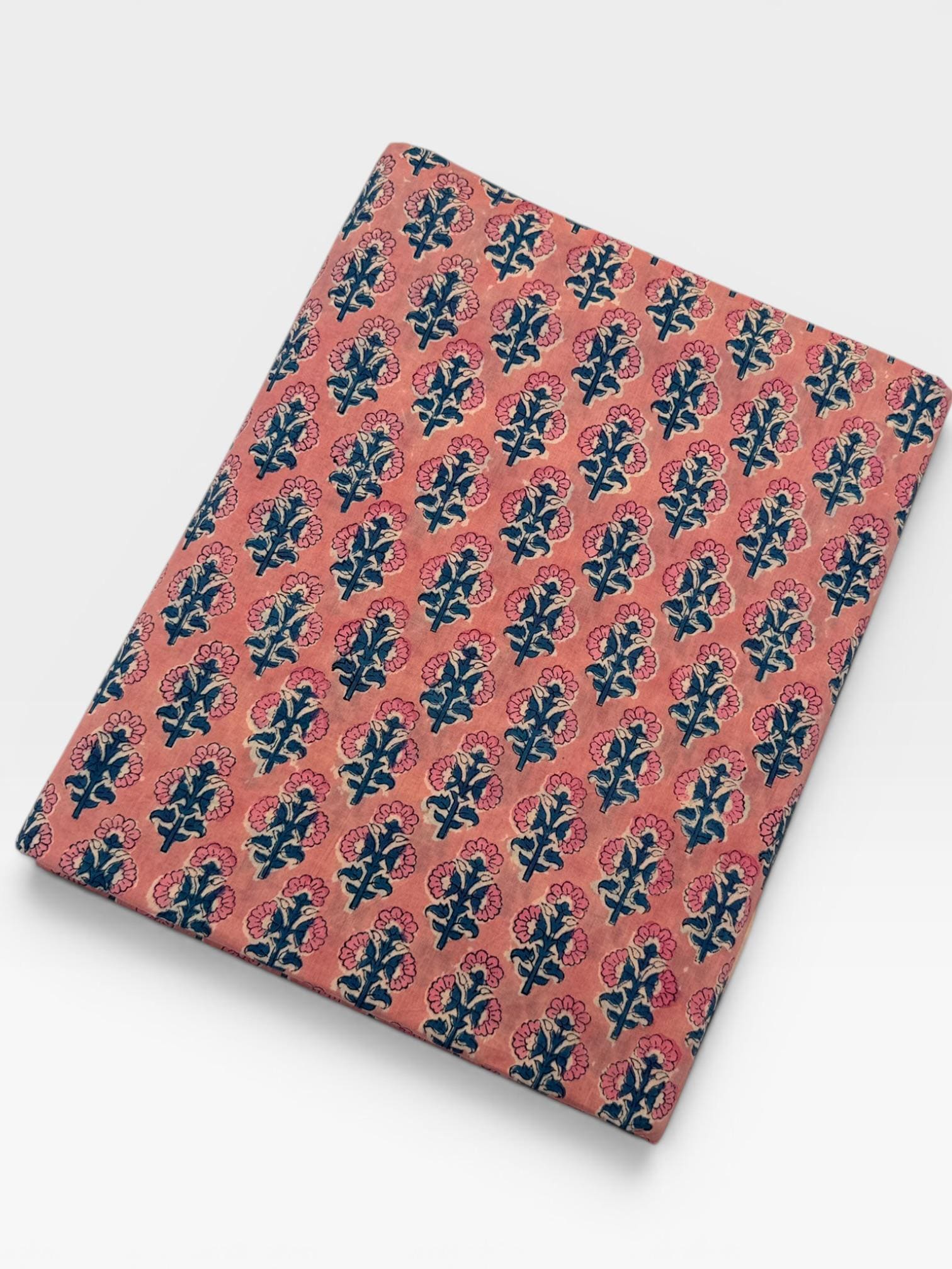 Peach Pink Floral Hand Block Print Cotton Fabric by Yard | Indian Boho Fabric | Blue and Rose Motif Soft Cotton | Dressmaking & Craft Fabric