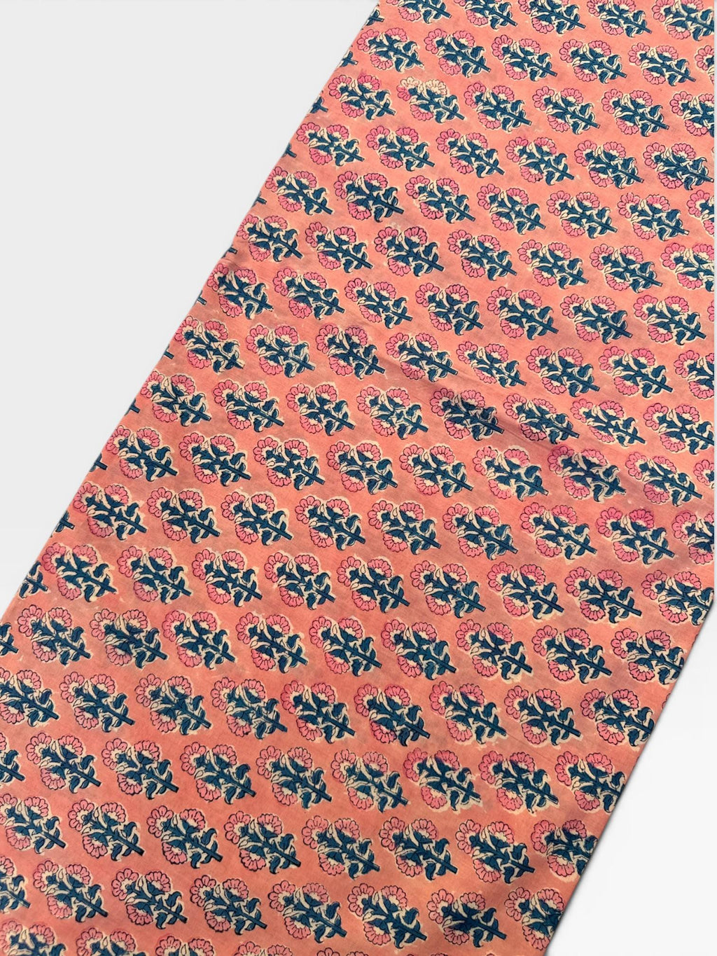 Peach Pink Floral Hand Block Print Cotton Fabric by Yard | Indian Boho Fabric | Blue and Rose Motif Soft Cotton | Dressmaking & Craft Fabric