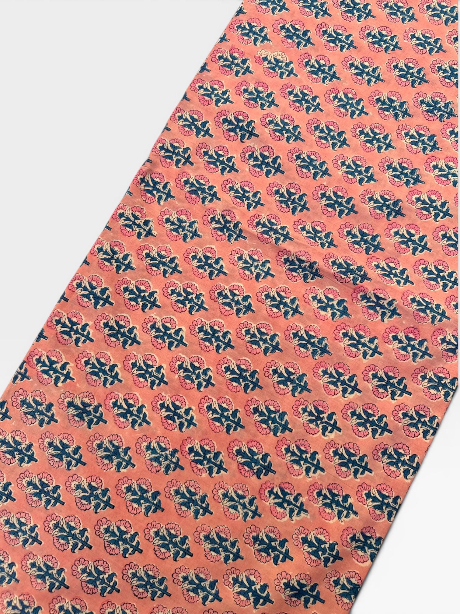 Peach Pink Floral Hand Block Print Cotton Fabric by Yard | Indian Boho Fabric | Blue and Rose Motif Soft Cotton | Dressmaking & Craft Fabric