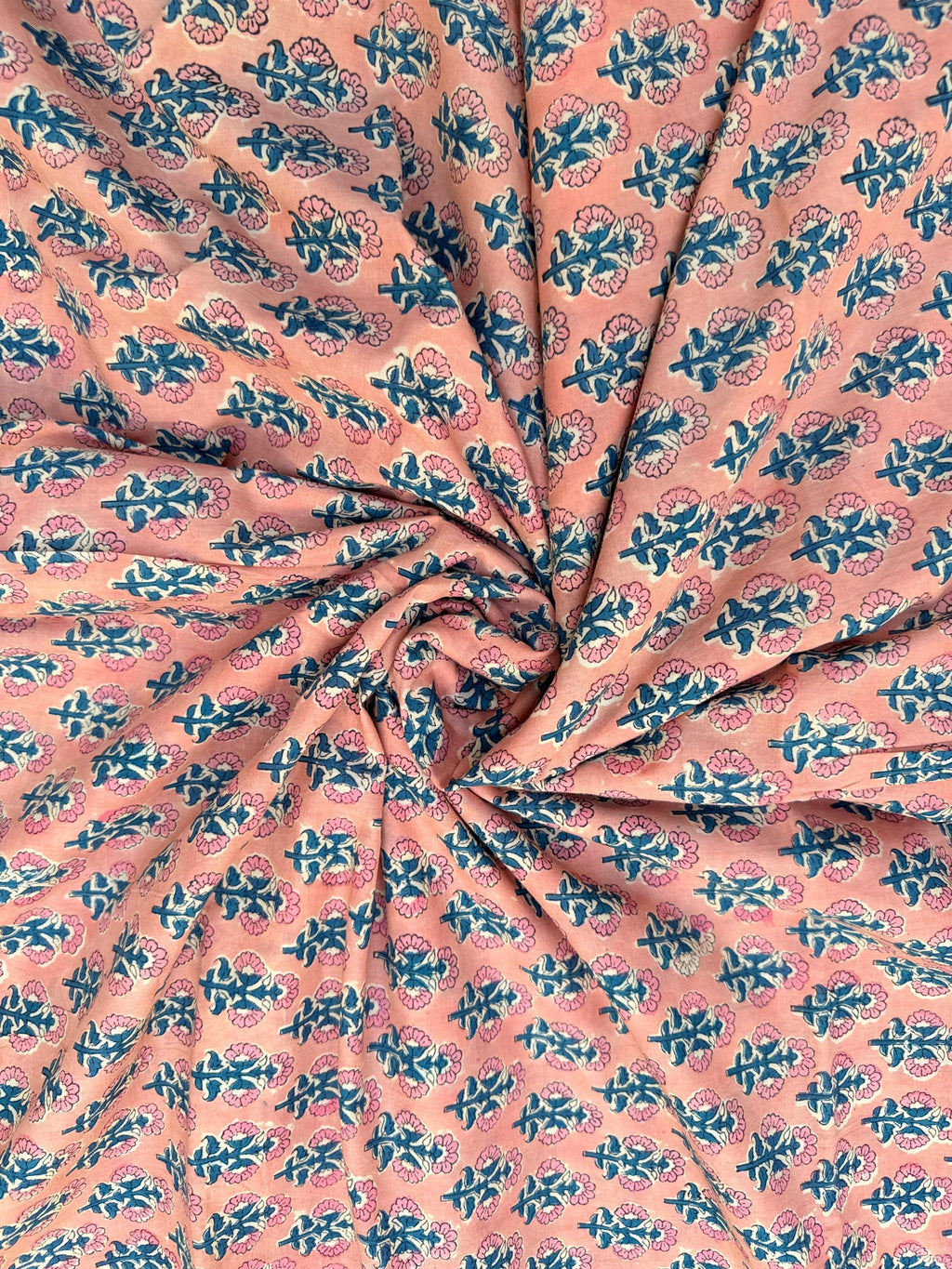 Peach Pink Floral Hand Block Print Cotton Fabric by Yard | Indian Boho Fabric | Blue and Rose Motif Soft Cotton | Dressmaking & Craft Fabric