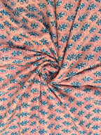 Peach Pink Floral Hand Block Print Cotton Fabric by Yard | Indian Boho Fabric | Blue and Rose Motif Soft Cotton | Dressmaking & Craft Fabric