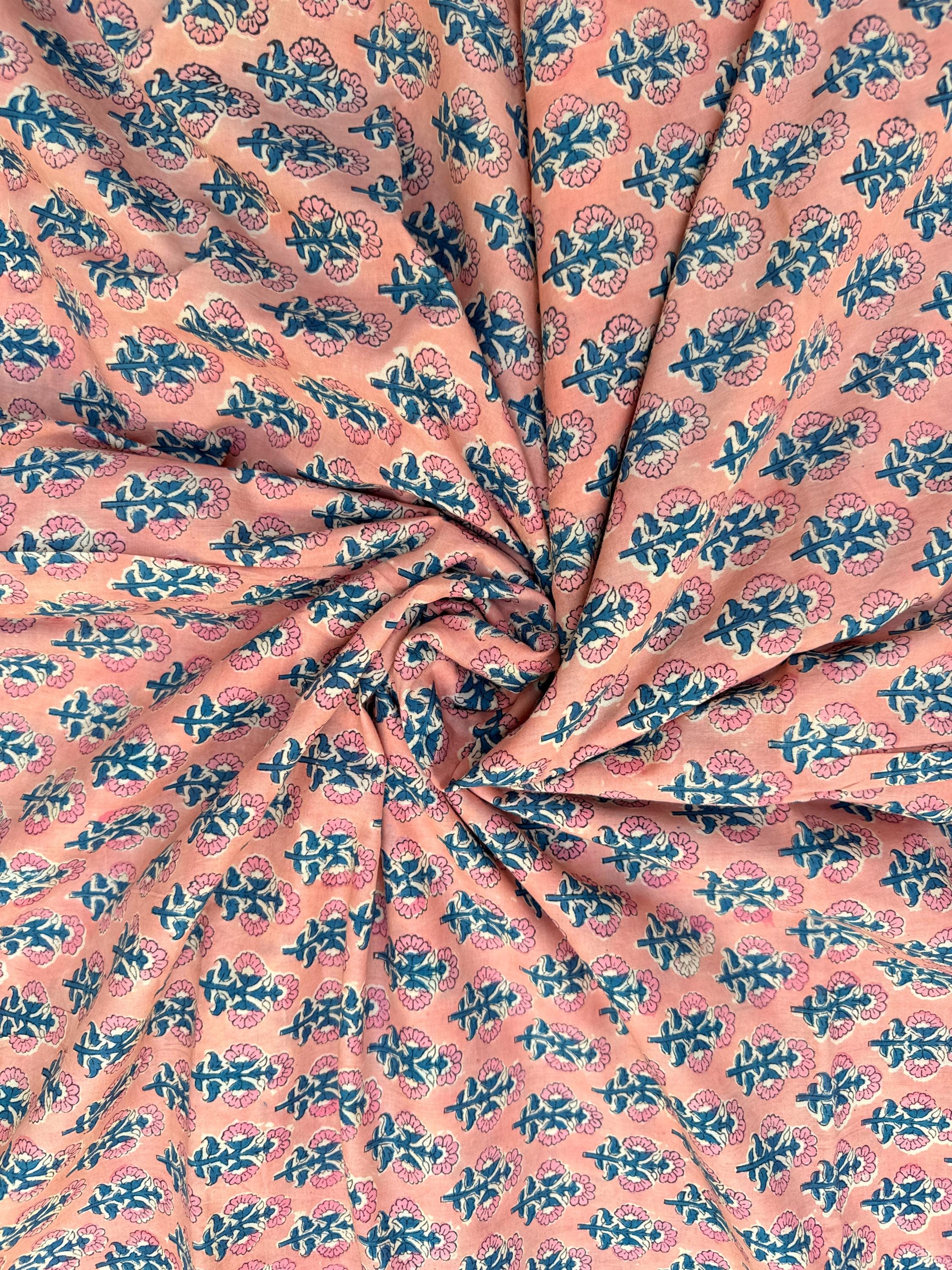 Peach Pink Floral Hand Block Print Cotton Fabric by Yard | Indian Boho Fabric | Blue and Rose Motif Soft Cotton | Dressmaking & Craft Fabric