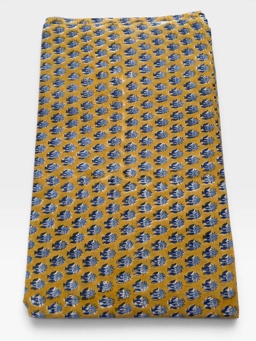 Mustard Yellow & Indigo Blue Floral Block Print Cotton Fabric | Hand Block Printed Indian Cotton | Boho Floral Fabric by Yard