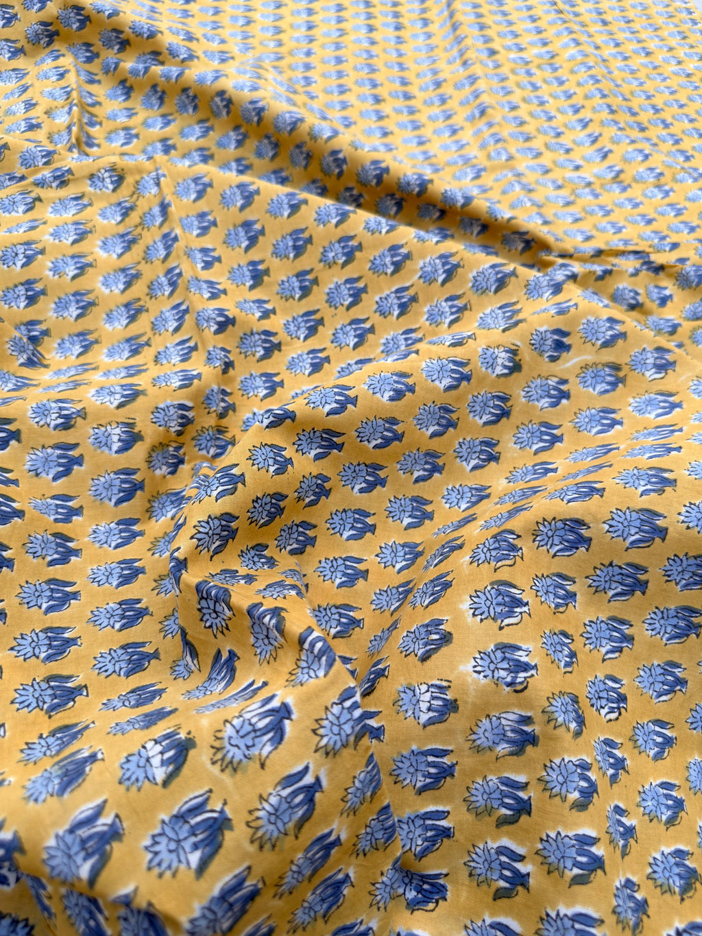Mustard Yellow & Indigo Blue Floral Block Print Cotton Fabric | Hand Block Printed Indian Cotton | Boho Floral Fabric by Yard