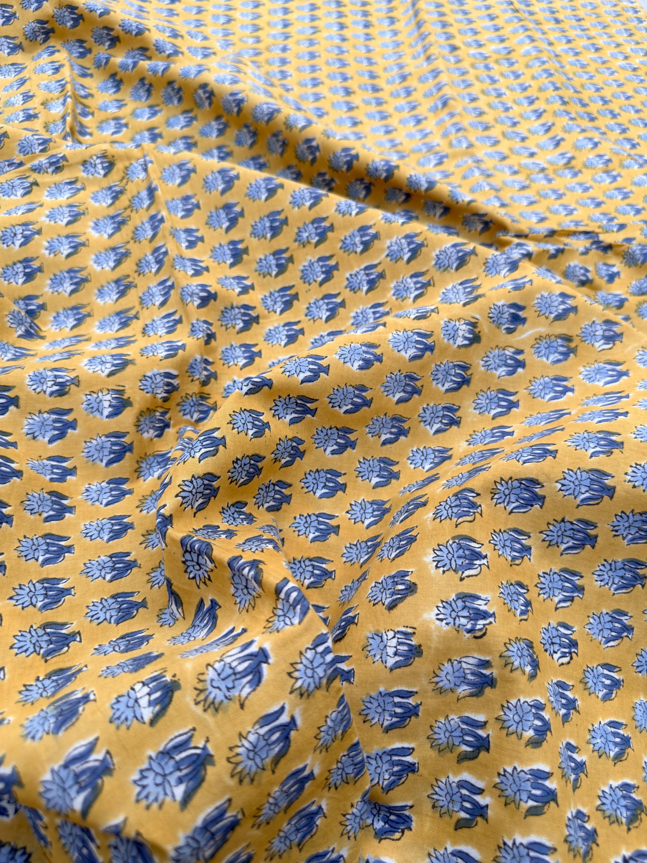 Mustard Yellow & Indigo Blue Floral Block Print Cotton Fabric | Hand Block Printed Indian Cotton | Boho Floral Fabric by Yard
