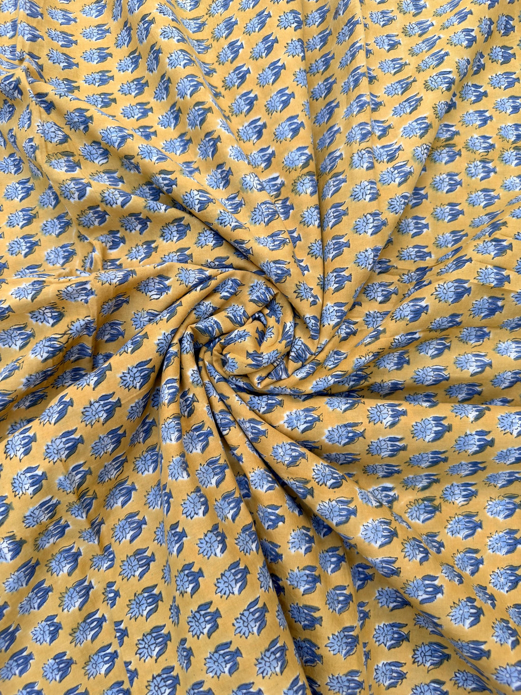 Mustard Yellow & Indigo Blue Floral Block Print Cotton Fabric | Hand Block Printed Indian Cotton | Boho Floral Fabric by Yard
