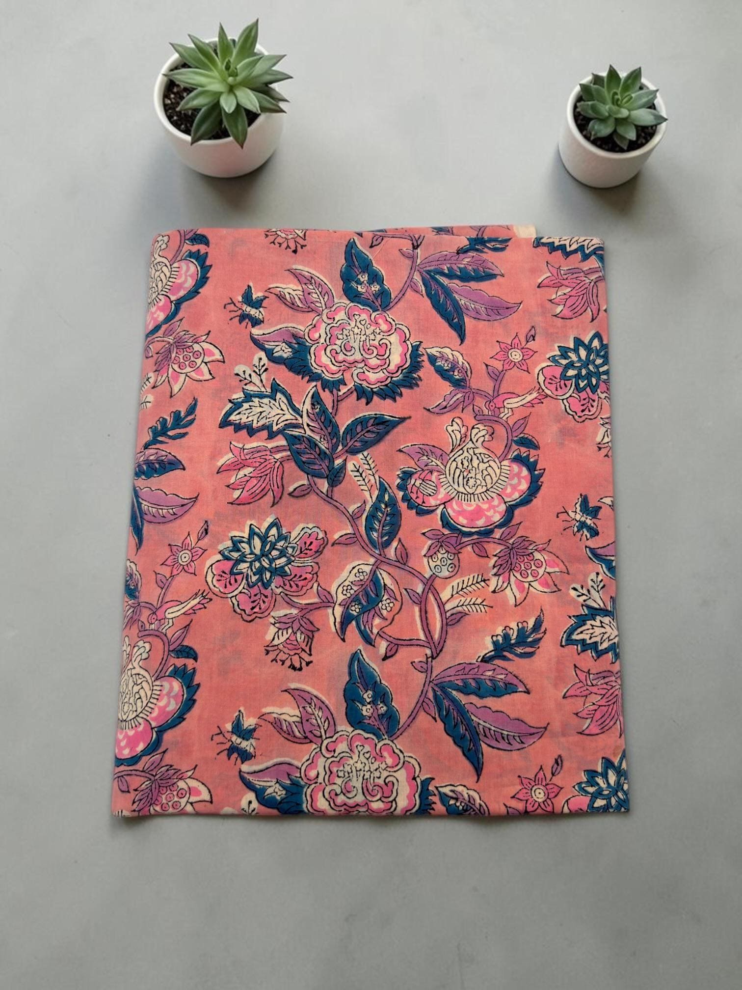 Peach Coral Floral Block Print Cotton Fabric | Pink & Teal Hand Block Printed Fabric | Indian Cotton Boho Textile by Yard  Soft Summer Dress