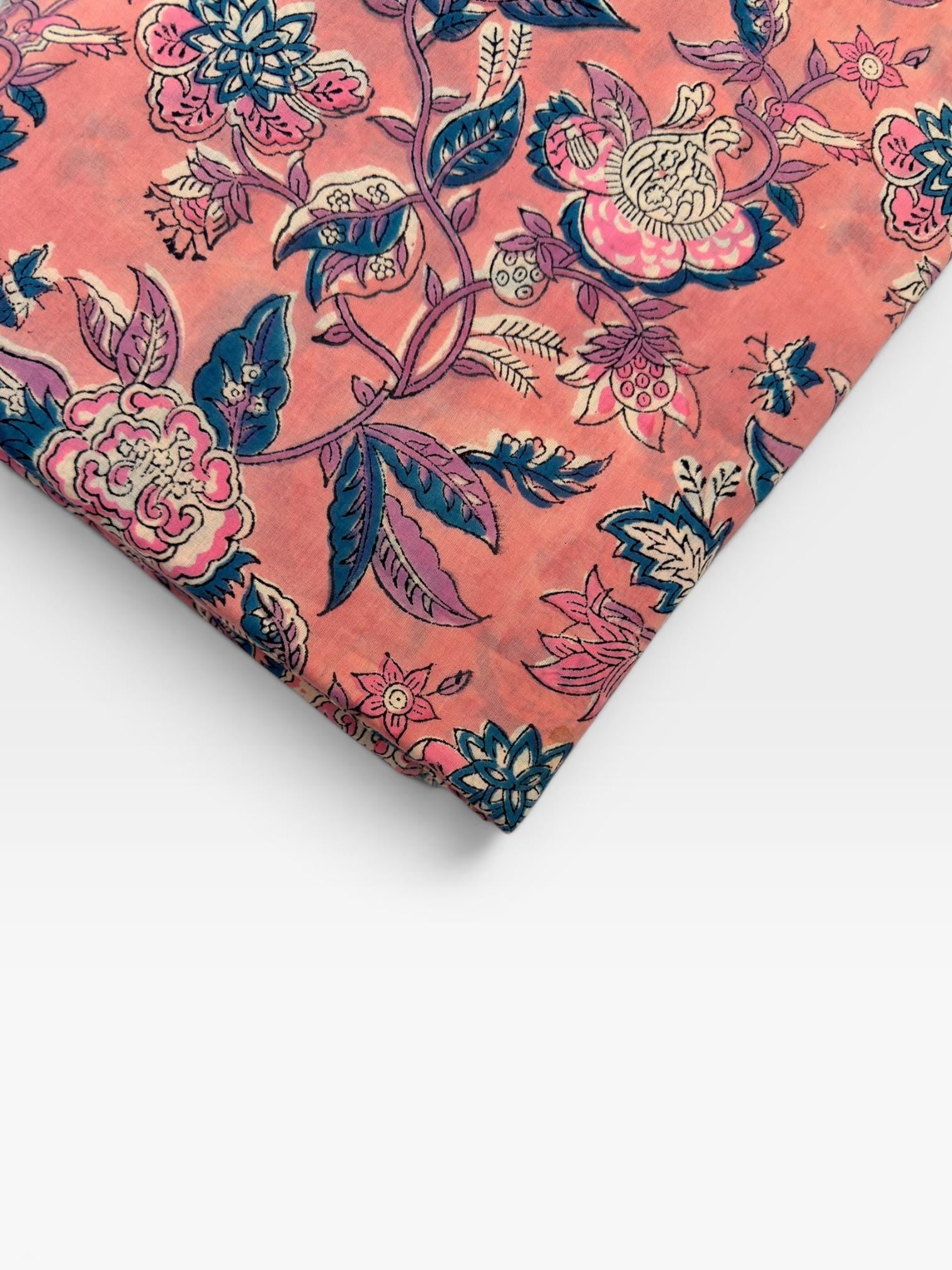 Peach Coral Floral Block Print Cotton Fabric | Pink & Teal Hand Block Printed Fabric | Indian Cotton Boho Textile by Yard  Soft Summer Dress