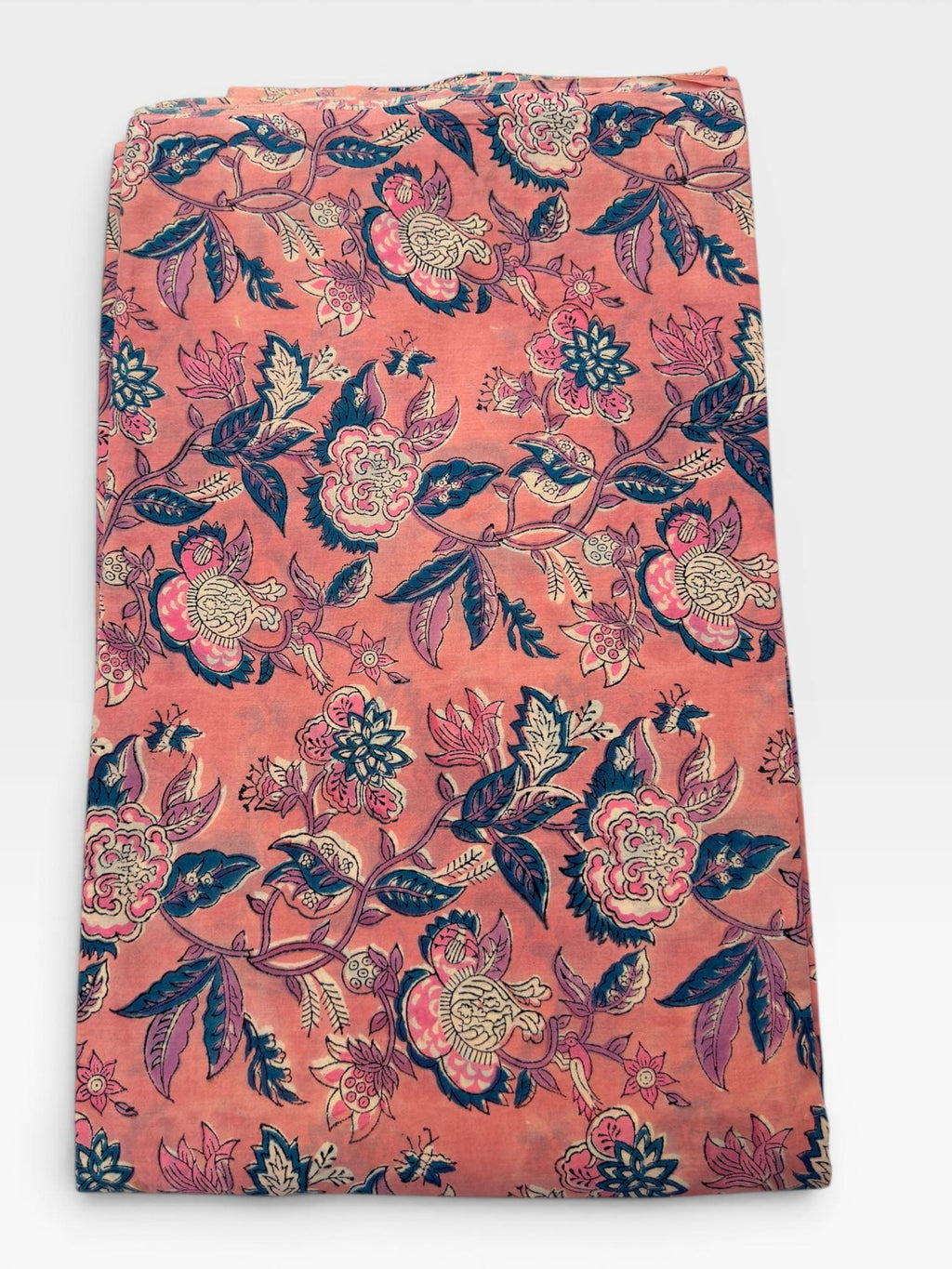 Peach Coral Floral Block Print Cotton Fabric | Pink & Teal Hand Block Printed Fabric | Indian Cotton Boho Textile by Yard  Soft Summer Dress
