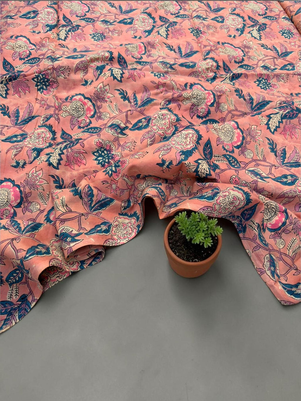 Peach Coral Floral Block Print Cotton Fabric | Pink & Teal Hand Block Printed Fabric | Indian Cotton Boho Textile by Yard  Soft Summer Dress