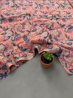 Peach Coral Floral Block Print Cotton Fabric | Pink & Teal Hand Block Printed Fabric | Indian Cotton Boho Textile by Yard  Soft Summer Dress