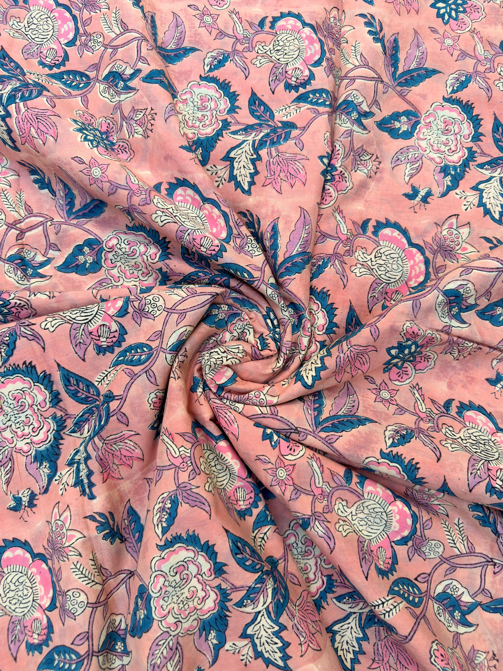 Peach Coral Floral Block Print Cotton Fabric | Pink & Teal Hand Block Printed Fabric | Indian Cotton Boho Textile by Yard  Soft Summer Dress