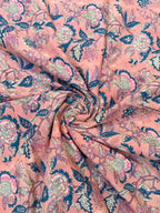 Peach Coral Floral Block Print Cotton Fabric | Pink & Teal Hand Block Printed Fabric | Indian Cotton Boho Textile by Yard  Soft Summer Dress
